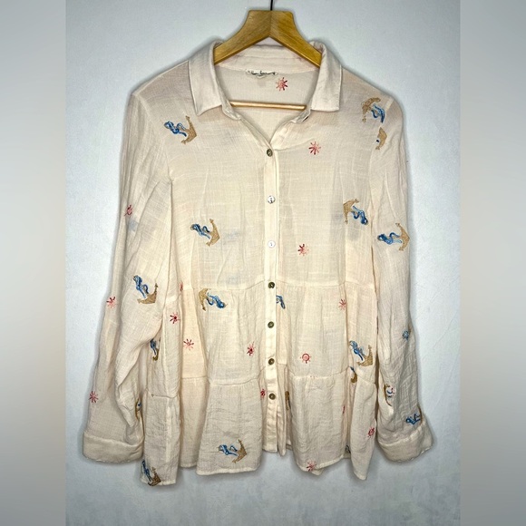 Hope Springs Cream Coastal Nautical Shell Button Embroidery Blouse Women Size L - Picture 1 of 4